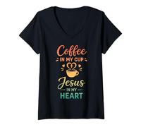 Femme Café dans ma Tasse Jésus dans Mon cœur Foi chrétienne T-Shirt avec Col en V