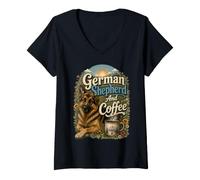 Femme Café de Berger Allemand Lever du Soleil T-Shirt avec Col en V