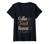 Femme Cafe Enseigner Repeter Vie de Professeur T-Shirt avec Col en V