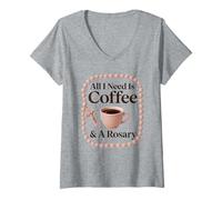 Femme Café et Chapelet - Dicton catholique drôle T-Shirt avec Col en V