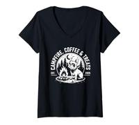 Femme Café et friandises feu de Camp Bulldog français Camping T-Shirt avec Col en V