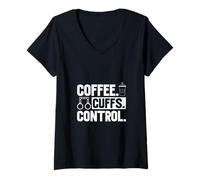 Femme Café et Menottes - Agent pénitentiaire T-Shirt avec Col en V