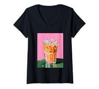 Femme Café glacé Art Esthétique Latte Drink Summer Minimalist T-Shirt avec Col en V