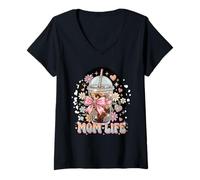 Femme Café glacé Mom Life Pink Coquette Bow Daisy Pastel T-Shirt avec Col en V