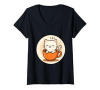 Femme Café Kawaii Cat en Tasse T-Shirt avec Col en V