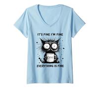Femme Café pour Chat fatigué, C'est Bon, Je Vais Bien, Tout va Bien T-Shirt avec Col en V