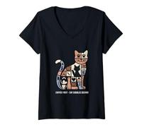 Femme Café, Premier Chat, câlins, deuxième Matin T-Shirt avec Col en V