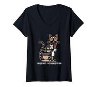 Femme Café, Premier Chat, câlins, deuxième Matin T-Shirt avec Col en V