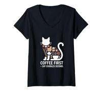 Femme Café, Premier Chat, câlins, deuxième Matin T-Shirt avec Col en V