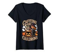 Femme Caffeine and Cauldrons Coffee Witches Ghosts Halloween T-Shirt avec Col en V