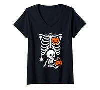 Femme Cage Squelette de Citrouille pour Femme Enceinte Halloween Grossesse T-Shirt avec Col en V