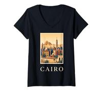 Femme Caire Egypte Pyramides Désert Skyline Vintage Voyage T-Shirt avec Col en V