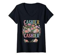 Femme Caissier Floral Aquarelle Professionnelle T-Shirt avec Col en V