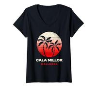 Femme Cala Millor Mallorca Espagne Palmier Plage Coucher de Soleil T-Shirt avec Col en V
