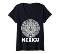 Femme Calendrier Mexicain Aztèque Orgullo Mexicano Viva Mexico Fan T-Shirt avec Col en V