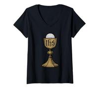 Femme Calice Divin catholique et hôte avec christogramme IHS T-Shirt avec Col en V