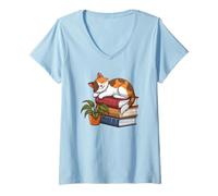 Femme Calico Chat en train de faire la sieste sur des livres pour lire un livre T-Shirt avec Col en V