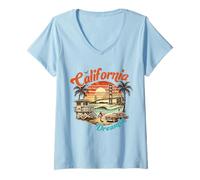 Femme California Dreaming Palmier rétro coucher de soleil T-Shirt avec Col en V