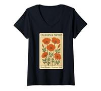 Femme California Poppy Botanical Vintage Art T-Shirt avec Col en V