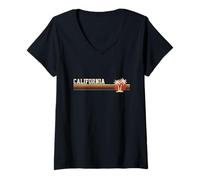 Femme California Retro Sunset Palm Trees Design Vintage T-Shirt avec Col en V