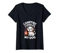 Femme Câlins au feu de Camp avec Mon Chien Amateur de Camping T-Shirt avec Col en V