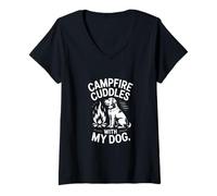 Femme Câlins au feu de Camp avec Mon Chien Amateur de Camping T-Shirt avec Col en V