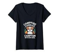 Femme Câlins au feu de Camp avec Mon Chien Amateur de Camping T-Shirt avec Col en V