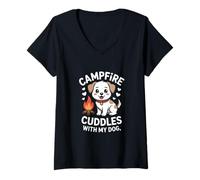 Femme Câlins au feu de Camp avec Mon Chien Amateur de Camping T-Shirt avec Col en V