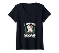 Femme Câlins au feu de Camp avec Mon Chien Amateur de Camping T-Shirt avec Col en V