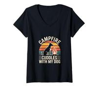 Femme Câlins au feu de Camp avec Mon Chien Amateur de Camping T-Shirt avec Col en V