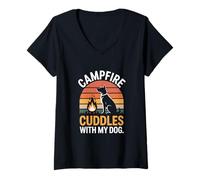 Femme Câlins au feu de Camp avec Mon Chien Amateur de Camping T-Shirt avec Col en V