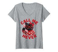 Femme Call Me Never Lunettes de Saint-Valentin en Forme de cœur Motif Chat Noir T-Shirt avec Col en V