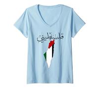 Femme Calligraphie Arabe palestinienne Carte Fond Drapeau T-Shirt avec Col en V