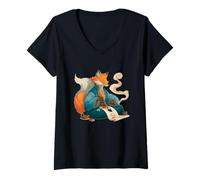 Femme Calligraphie Japonaise Kitsune Renard T-Shirt avec Col en V