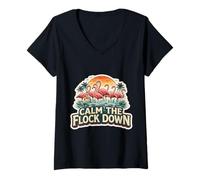 Femme Calm The Flock Down Cool Flamingo Citation Phrase Joke T-Shirt avec Col en V