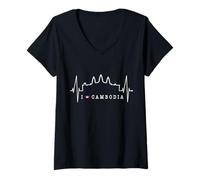 Femme Cambodge Skyline Battement Cœur SIEM Raep I Love Angkor Wat T-Shirt avec Col en V