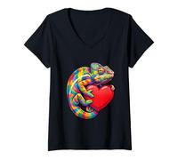 Femme Caméléon Étreignant Valentine Cœur Couleur Critters Arc-en-Ciel T-Shirt avec Col en V