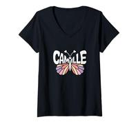 Femme Camille Butterfly - Word Art personnalisé avec nom Mignon T-Shirt avec Col en V