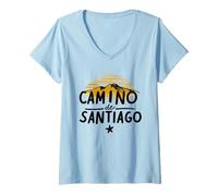 Femme Camino de Santiago Rétro Coucher de Soleil Espagne T-Shirt avec Col en V