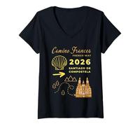 Femme Camino Frances 2026 Saint-Jacques-de-Compostelle T-Shirt avec Col en V