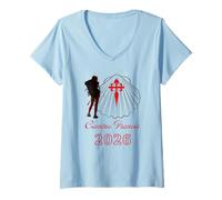Femme Camino Frances Saint-Jacques-Compostelle 2026 Lady Pilgrim T-Shirt avec Col en V
