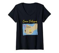 Femme Camino Portugues 2026 Carte de pèlerin de Saint-Jacques-de-Compostelle T-Shirt avec Col en V