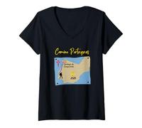 Femme Camino Portugues 2026 Carte du pèlerin de Saint-Jacques-de-Compostelle T-Shirt avec Col en V