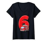 Femme Camion de Pompier pour 6e Anniversaire Véhicule de Pompier pour Enfants Six T-Shirt avec Col en V