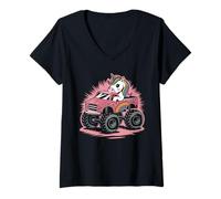 Femme Camion Monstre Licorne Rainbow Truck Cute Hearts Pink T-Shirt avec Col en V
