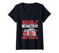 Femme Camion Pompier Facilement distrait par Les camions de Pompiers T-Shirt avec Col en V