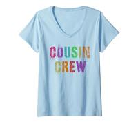 Femme Camp de Vacances Vintage Cousin Crew Grandma Grandpa Squad T-Shirt avec Col en V