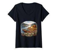 Femme Camp paisible au Bord du lac Scène Sauvage T-Shirt avec Col en V