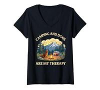 Femme Camping And Dogs Are My Therapy Dog Mom Dad Summer Vacation T-Shirt avec Col en V