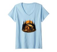 Femme Camping au Coucher du Soleil avec Tente Confortable et feu de Camp dans la Nature T-Shirt avec Col en V